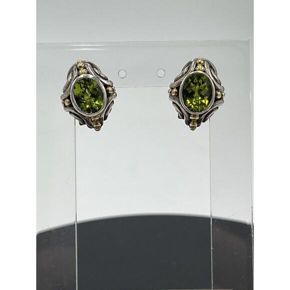 BJC Samuel Benham Sterling Silver Sign 14k Gold Oval Peridot Stud Omega Earrings - Picture 2 of 16